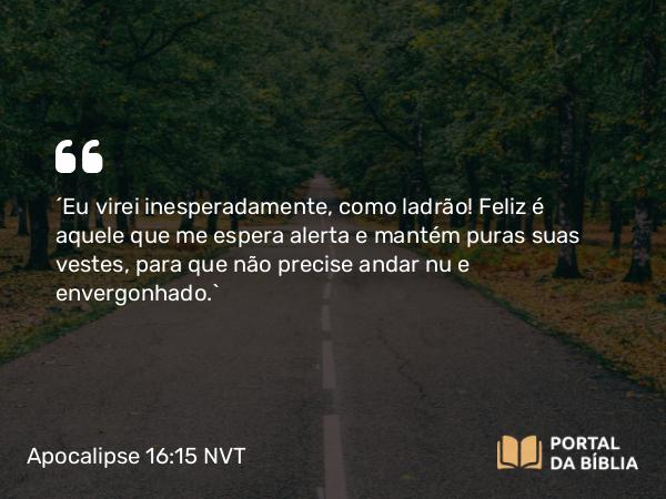 Apocalipse 16:15 NVT - “Eu virei inesperadamente, como ladrão! Feliz é aquele que me espera alerta e mantém puras suas vestes, para que não precise andar nu e envergonhado.”