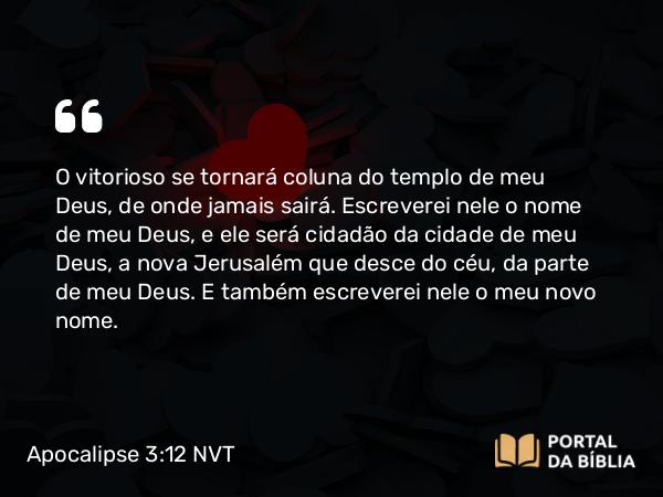 Apocalipse 3:12 NVT - O vitorioso se tornará coluna do templo de meu Deus, de onde jamais sairá. Escreverei nele o nome de meu Deus, e ele será cidadão da cidade de meu Deus, a nova Jerusalém que desce do céu, da parte de meu Deus. E também escreverei nele o meu novo nome.