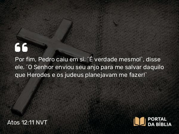 Atos 12:11 NVT - Por fim, Pedro caiu em si. “É verdade mesmo!”, disse ele. “O Senhor enviou seu anjo para me salvar daquilo que Herodes e os judeus planejavam me fazer!”