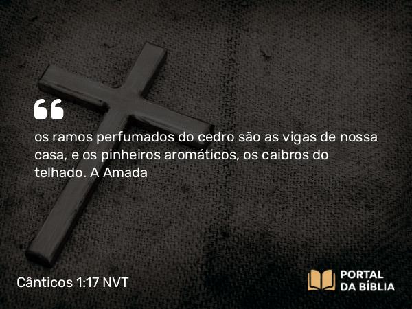 Cânticos 1:17 NVT - os ramos perfumados do cedro são as vigas de nossa casa, e os pinheiros aromáticos, os caibros do telhado.