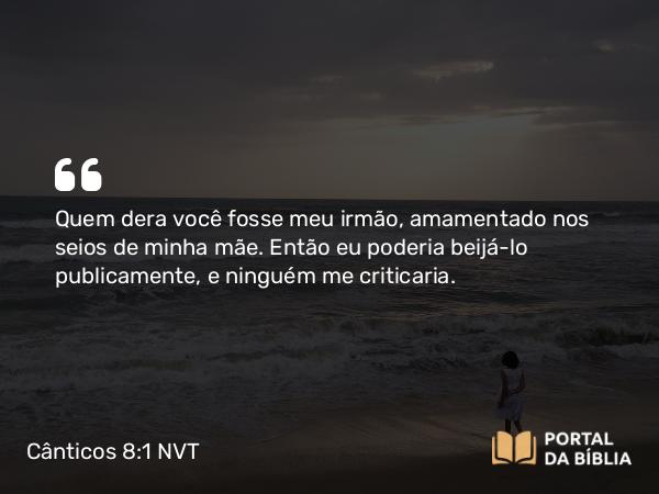 Cânticos 8:1 NVT - Quem dera você fosse meu irmão, amamentado nos seios de minha mãe. Então eu poderia beijá-lo publicamente, e ninguém me criticaria.