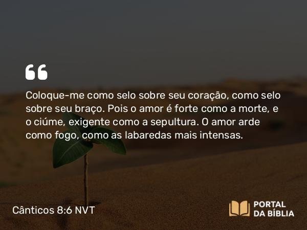 Cânticos 8:6-7 NVT - Coloque-me como selo sobre seu coração, como selo sobre seu braço. Pois o amor é forte como a morte, e o ciúme, exigente como a sepultura. O amor arde como fogo, como as labaredas mais intensas.