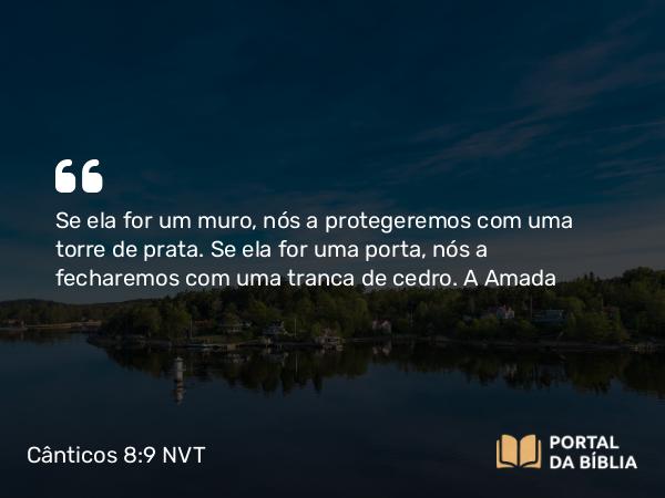 Cânticos 8:9 NVT - Se ela for um muro, nós a protegeremos com uma torre de prata. Se ela for uma porta, nós a fecharemos com uma tranca de cedro.