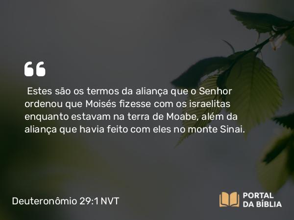 Deuteronômio 29:1 NVT - Estes são os termos da aliança que o SENHOR ordenou que Moisés fizesse com os israelitas enquanto estavam na terra de Moabe, além da aliança que havia feito com eles no monte Sinai.