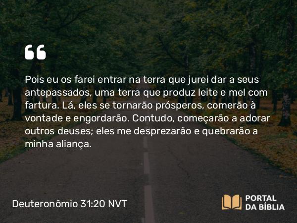 Deuteronômio 31:20 NVT - Pois eu os farei entrar na terra que jurei dar a seus antepassados, uma terra que produz leite e mel com fartura. Lá, eles se tornarão prósperos, comerão à vontade e engordarão. Contudo, começarão a adorar outros deuses; eles me desprezarão e quebrarão a minha aliança.