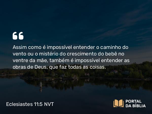 Eclesiastes 11:5 NVT - Assim como é impossível entender o caminho do vento ou o mistério do crescimento do bebê no ventre da mãe, também é impossível entender as obras de Deus, que faz todas as coisas.