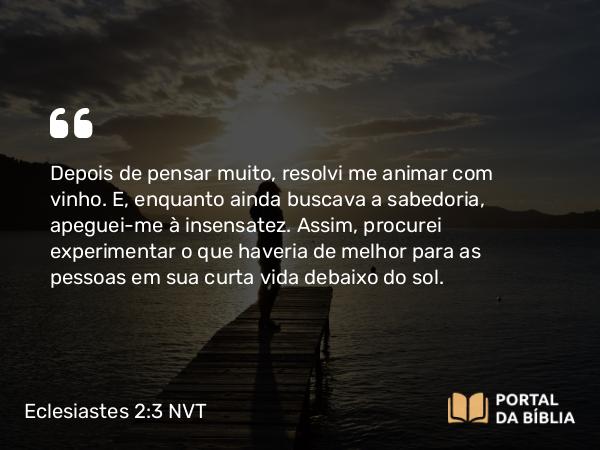 Eclesiastes 2:3 NVT - Depois de pensar muito, resolvi me animar com vinho. E, enquanto ainda buscava a sabedoria, apeguei-me à insensatez. Assim, procurei experimentar o que haveria de melhor para as pessoas em sua curta vida debaixo do sol.