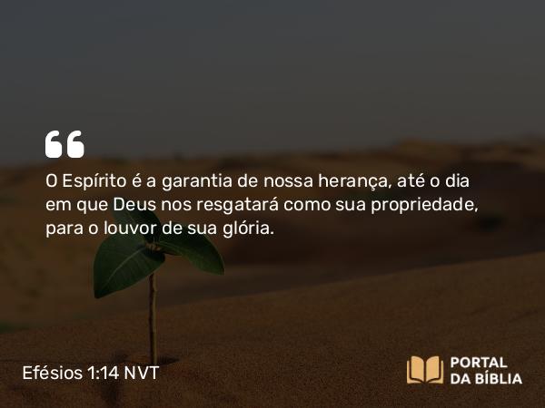 Efésios 1:14 NVT - O Espírito é a garantia de nossa herança, até o dia em que Deus nos resgatará como sua propriedade, para o louvor de sua glória.