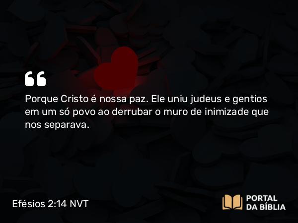 Efésios 2:14-16 NVT - Porque Cristo é nossa paz. Ele uniu judeus e gentios em um só povo ao derrubar o muro de inimizade que nos separava.