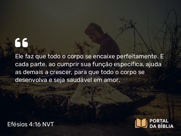 Efésios 4:16 NVT - Ele faz que todo o corpo se encaixe perfeitamente. E cada parte, ao cumprir sua função específica, ajuda as demais a crescer, para que todo o corpo se desenvolva e seja saudável em amor.