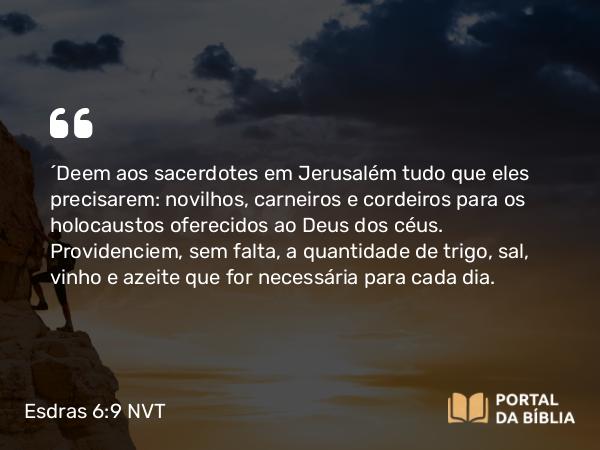 Esdras 6:9 NVT - “Deem aos sacerdotes em Jerusalém tudo que eles precisarem: novilhos, carneiros e cordeiros para os holocaustos oferecidos ao Deus dos céus. Providenciem, sem falta, a quantidade de trigo, sal, vinho e azeite que for necessária para cada dia.