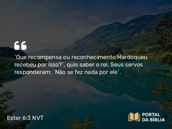 Ester 6:3 NVT - “Que recompensa ou reconhecimento Mardoqueu recebeu por isso?”, quis saber o rei. Seus servos responderam: “Não se fez nada por ele”.