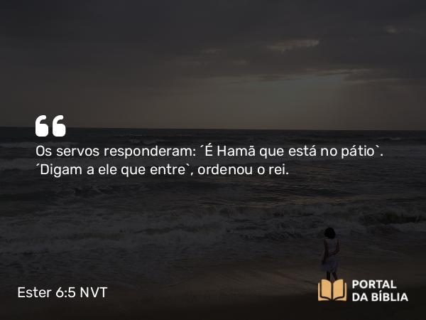 Ester 6:5 NVT - Os servos responderam: “É Hamã que está no pátio”. “Digam a ele que entre”, ordenou o rei.