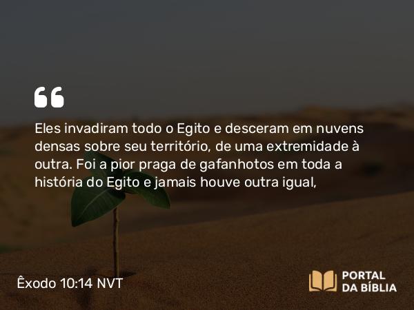 Êxodo 10:14 NVT - Eles invadiram todo o Egito e desceram em nuvens densas sobre seu território, de uma extremidade à outra. Foi a pior praga de gafanhotos em toda a história do Egito e jamais houve outra igual,