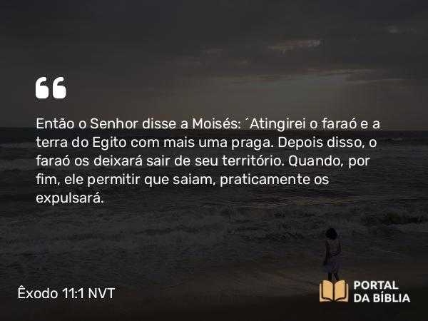 Êxodo 11:1 NVT - Então o SENHOR disse a Moisés: “Atingirei o faraó e a terra do Egito com mais uma praga. Depois disso, o faraó os deixará sair de seu território. Quando, por fim, ele permitir que saiam, praticamente os expulsará.