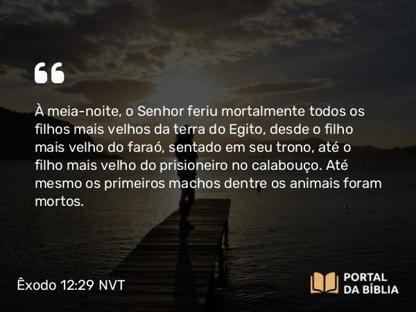 Êxodo 12:29 NVT - À meia-noite, o SENHOR feriu mortalmente todos os filhos mais velhos da terra do Egito, desde o filho mais velho do faraó, sentado em seu trono, até o filho mais velho do prisioneiro no calabouço. Até mesmo os primeiros machos dentre os animais foram mortos.