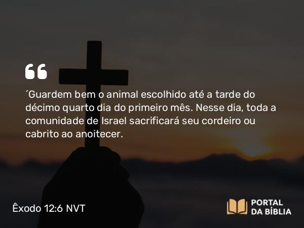 Êxodo 12:6 NVT - “Guardem bem o animal escolhido até a tarde do décimo quarto dia do primeiro mês. Nesse dia, toda a comunidade de Israel sacrificará seu cordeiro ou cabrito ao anoitecer.