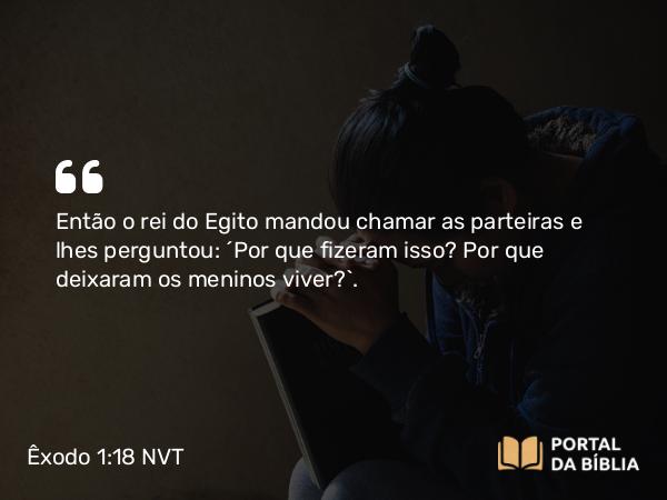 Êxodo 1:18 NVT - Então o rei do Egito mandou chamar as parteiras e lhes perguntou: “Por que fizeram isso? Por que deixaram os meninos viver?”.