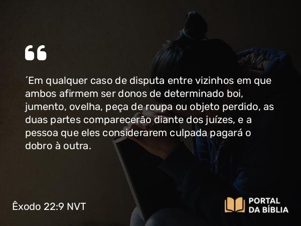 Êxodo 22:9 NVT - “Em qualquer caso de disputa entre vizinhos em que ambos afirmem ser donos de determinado boi, jumento, ovelha, peça de roupa ou objeto perdido, as duas partes comparecerão diante dos juízes, e a pessoa que eles considerarem culpada pagará o dobro à outra.