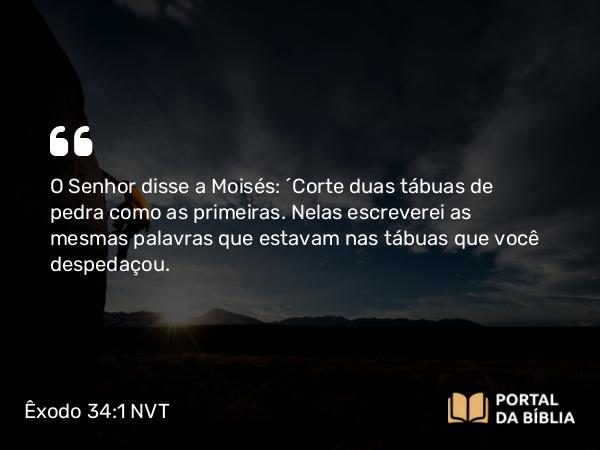 Êxodo 34:1 NVT - O SENHOR disse a Moisés: “Corte duas tábuas de pedra como as primeiras. Nelas escreverei as mesmas palavras que estavam nas tábuas que você despedaçou.