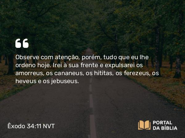 Êxodo 34:11 NVT - Observe com atenção, porém, tudo que eu lhe ordeno hoje. Irei à sua frente e expulsarei os amorreus, os cananeus, os hititas, os ferezeus, os heveus e os jebuseus.