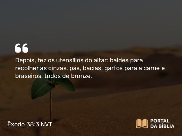 Êxodo 38:3 NVT - Depois, fez os utensílios do altar: baldes para recolher as cinzas, pás, bacias, garfos para a carne e braseiros, todos de bronze.