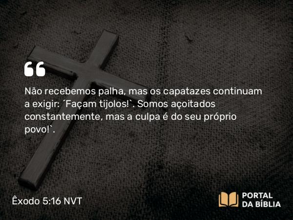 Êxodo 5:16 NVT - Não recebemos palha, mas os capatazes continuam a exigir: ‘Façam tijolos!’. Somos açoitados constantemente, mas a culpa é do seu próprio povo!”.