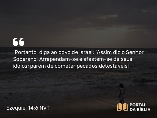 Ezequiel 14:6 NVT - “Portanto, diga ao povo de Israel: ‘Assim diz o SENHOR Soberano: Arrependam-se e afastem-se de seus ídolos; parem de cometer pecados detestáveis!