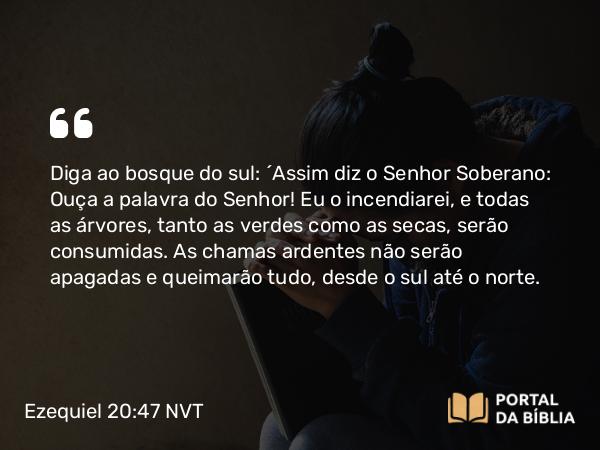 Ezequiel 20:47 NVT - Diga ao bosque do sul: ‘Assim diz o SENHOR Soberano: Ouça a palavra do SENHOR! Eu o incendiarei, e todas as árvores, tanto as verdes como as secas, serão consumidas. As chamas ardentes não serão apagadas e queimarão tudo, desde o sul até o norte.