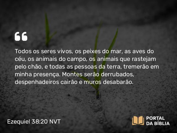 Ezequiel 38:20 NVT - Todos os seres vivos, os peixes do mar, as aves do céu, os animais do campo, os animais que rastejam pelo chão, e todas as pessoas da terra, tremerão em minha presença. Montes serão derrubados, despenhadeiros cairão e muros desabarão.