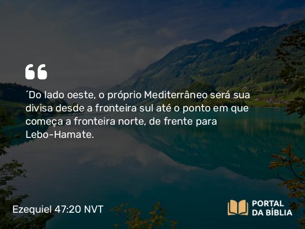 Ezequiel 47:20 NVT - “Do lado oeste, o próprio Mediterrâneo será sua divisa desde a fronteira sul até o ponto em que começa a fronteira norte, de frente para Lebo-Hamate.