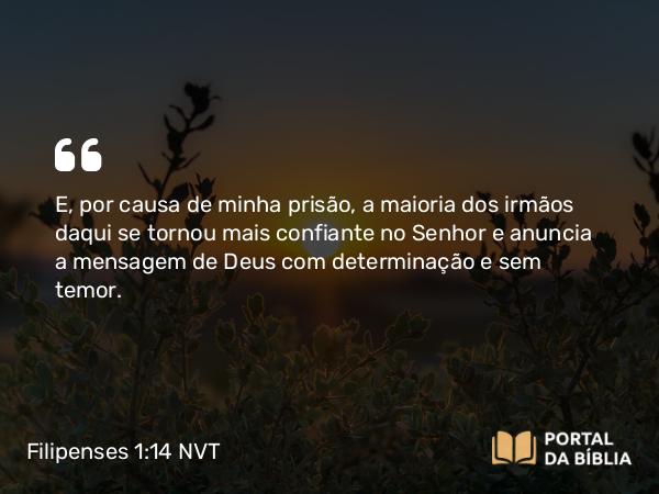 Filipenses 1:14 NVT - E, por causa de minha prisão, a maioria dos irmãos daqui se tornou mais confiante no Senhor e anuncia a mensagem de Deus com determinação e sem temor.