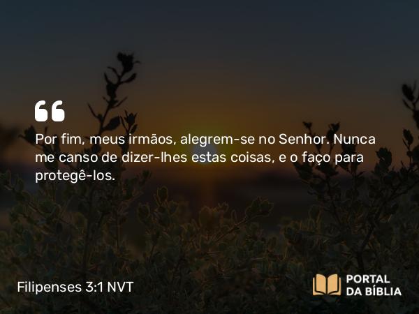 Filipenses 3:1 NVT - Por fim, meus irmãos, alegrem-se no Senhor. Nunca me canso de dizer-lhes estas coisas, e o faço para protegê-los.