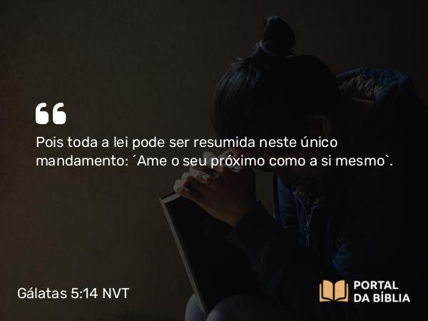 Gálatas 5:14 NVT - Pois toda a lei pode ser resumida neste único mandamento: “Ame o seu próximo como a si mesmo”.