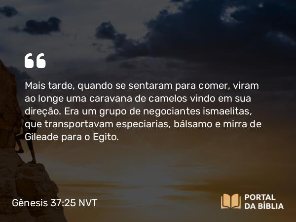 Gênesis 37:25 NVT - Mais tarde, quando se sentaram para comer, viram ao longe uma caravana de camelos vindo em sua direção. Era um grupo de negociantes ismaelitas, que transportavam especiarias, bálsamo e mirra de Gileade para o Egito.