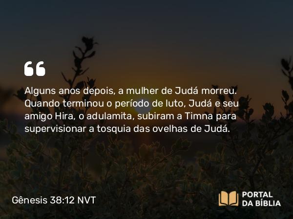 Gênesis 38:12 NVT - Alguns anos depois, a mulher de Judá morreu. Quando terminou o período de luto, Judá e seu amigo Hira, o adulamita, subiram a Timna para supervisionar a tosquia das ovelhas de Judá.