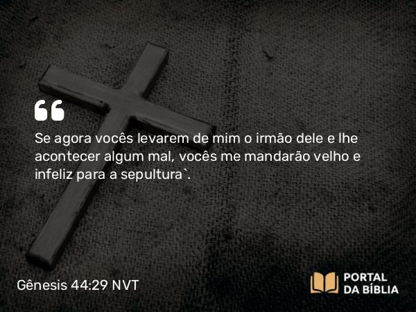 Gênesis 44:29 NVT - Se agora vocês levarem de mim o irmão dele e lhe acontecer algum mal, vocês me mandarão velho e infeliz para a sepultura’.