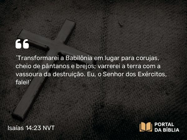 Isaías 14:23 NVT - “Transformarei a Babilônia em lugar para corujas, cheio de pântanos e brejos; varrerei a terra com a vassoura da destruição. Eu, o SENHOR dos Exércitos, falei!”