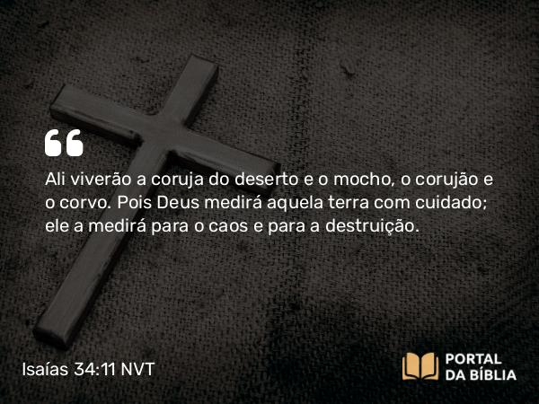 Isaías 34:11 NVT - Ali viverão a coruja do deserto e o mocho, o corujão e o corvo. Pois Deus medirá aquela terra com cuidado; ele a medirá para o caos e para a destruição.