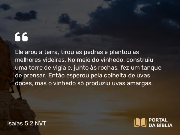 Isaías 5:2 NVT - Ele arou a terra, tirou as pedras e plantou as melhores videiras. No meio do vinhedo, construiu uma torre de vigia e, junto às rochas, fez um tanque de prensar. Então esperou pela colheita de uvas doces, mas o vinhedo só produziu uvas amargas.