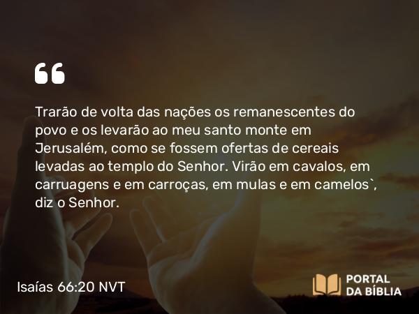 Isaías 66:20 NVT - Trarão de volta das nações os remanescentes do povo e os levarão ao meu santo monte em Jerusalém, como se fossem ofertas de cereais levadas ao templo do SENHOR. Virão em cavalos, em carruagens e em carroças, em mulas e em camelos”, diz o SENHOR.