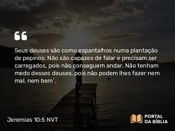 Jeremias 10:5 NVT - Seus deuses são como espantalhos numa plantação de pepinos. Não são capazes de falar e precisam ser carregados, pois não conseguem andar. Não tenham medo desses deuses, pois não podem lhes fazer nem mal, nem bem”.