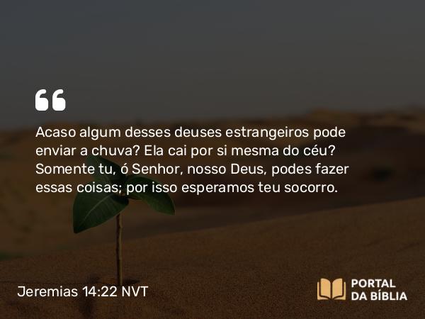 Jeremias 14:22 NVT - Acaso algum desses deuses estrangeiros pode enviar a chuva? Ela cai por si mesma do céu? Somente tu, ó SENHOR, nosso Deus, podes fazer essas coisas; por isso esperamos teu socorro.