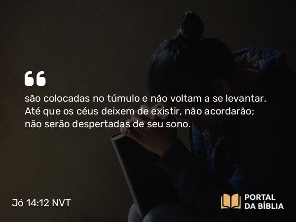 Jó 14:12 NVT - são colocadas no túmulo e não voltam a se levantar. Até que os céus deixem de existir, não acordarão; não serão despertadas de seu sono.