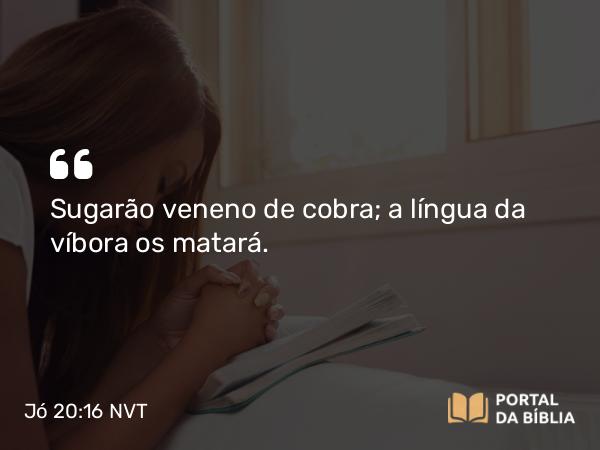 Jó 20:16 NVT - Sugarão veneno de cobra; a língua da víbora os matará.