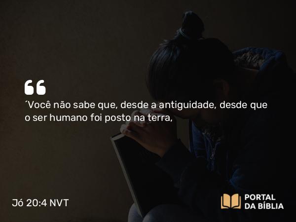 Jó 20:4 NVT - “Você não sabe que, desde a antiguidade, desde que o ser humano foi posto na terra,