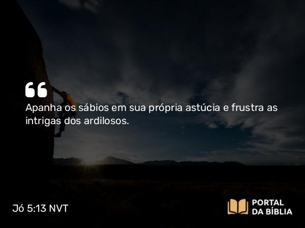 Jó 5:13 NVT - Apanha os sábios em sua própria astúcia e frustra as intrigas dos ardilosos.