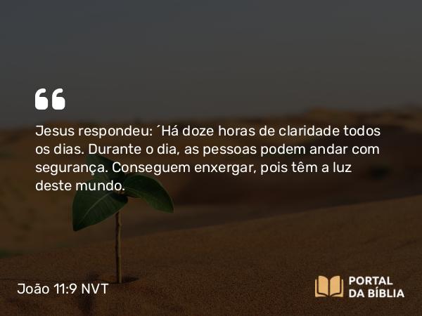 João 11:9 NVT - Jesus respondeu: “Há doze horas de claridade todos os dias. Durante o dia, as pessoas podem andar com segurança. Conseguem enxergar, pois têm a luz deste mundo.