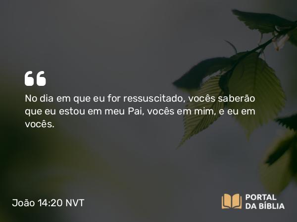 João 14:20 NVT - No dia em que eu for ressuscitado, vocês saberão que eu estou em meu Pai, vocês em mim, e eu em vocês.