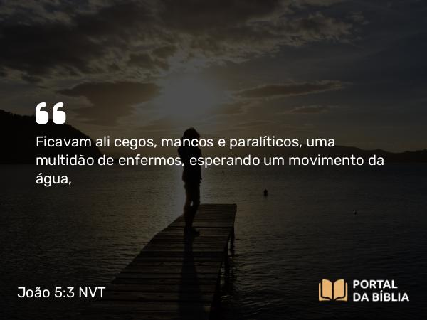 João 5:3 NVT - Ficavam ali cegos, mancos e paralíticos, uma multidão de enfermos, esperando um movimento da água,